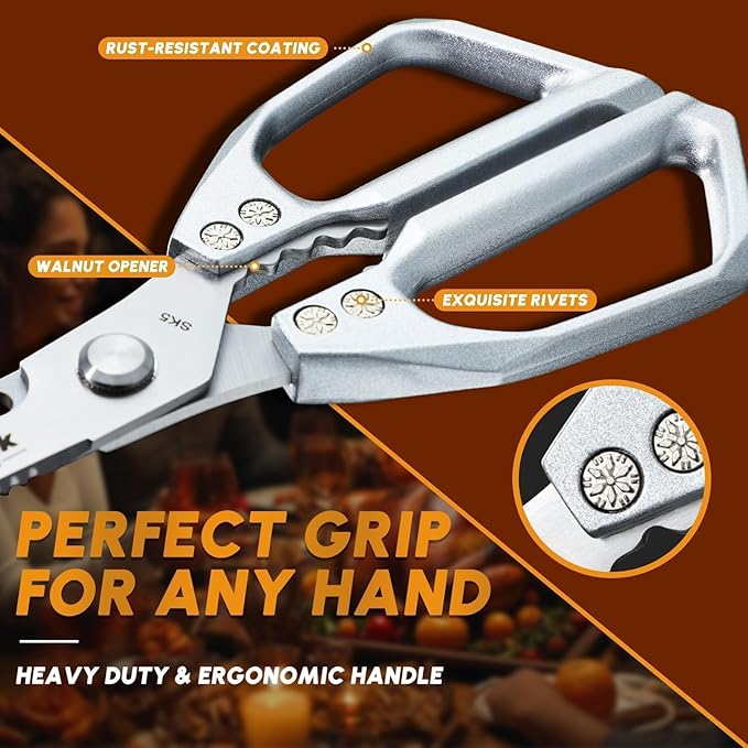 HUUSK Kitchen Scissors All Purpose - Stainless Steel Kitchen Shear, Sharp Silver Meat Scissors Dishwasher Safe, Heavy Duty Poultry Shears, Japanese Cooking Scissor for Food, Christmas Gifts for Women - Image 6