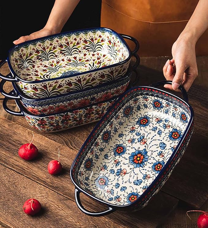 Red Daisy Flower Vintage Style Ceramic Bakeware Casserole Dish Baking Pan Lasagna Pans Baking Dish with Handles for Oven/Cooking/Kitchen-1 PCS, 60 OZ - Image 6