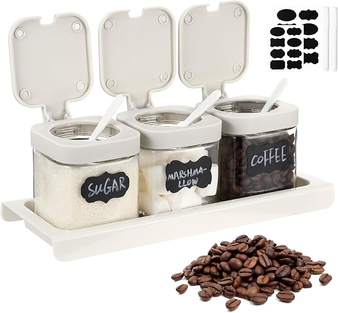 Suclain 3 Pcs Glass Coffee Containers Coffee Station Organizer Set, Airtight Bean Storage Jars with Shelf,labels,spoon, Base and Pen,for Sugar, Candy, Oats, Nuts(White) by Suclain