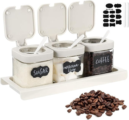 Suclain 3 Pcs Glass Coffee Containers Coffee Station Organizer Set, Airtight Bean Storage Jars with Shelf,labels,spoon, Base and Pen,for Sugar, Candy, Oats, Nuts(White) by Suclain