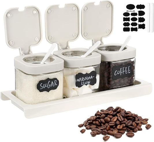 Suclain 3 Pcs Glass Coffee Containers Coffee Station Organizer Set, Airtight Bean Storage Jars with Shelf,labels,spoon, Base and Pen,for Sugar, Candy, Oats, Nuts(White) by Suclain