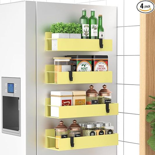 HuggieGems 4 Pack Magnetic Spice Storage Rack Organizer for Refrigerator and Oven, Yellow Fridge Organizers and Storage by HuggieGems