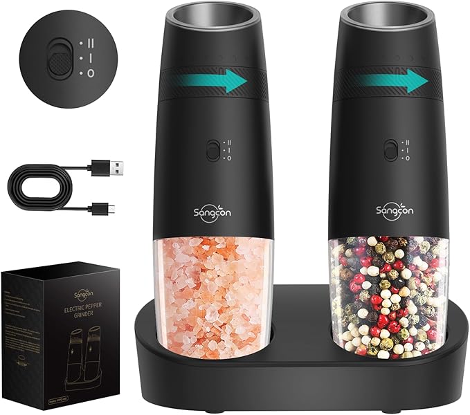 Sangcon 2-Speed Gravity Electric Salt and Pepper Grinder Set RECHARGEABLE, Automatic Salt Pepper Shakers with Charging Base - LED Light One Hand Operated, External Adjustable Coarseness Pepper Mill by Sangcon