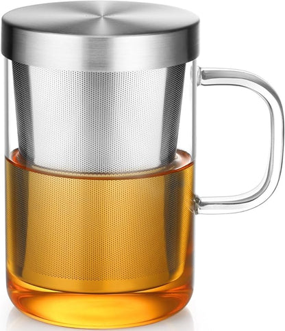 ecooe 16.9 Oz Borosilicate Glass Tea Mug Cup Tea Glasses with Stainless Steel Infuser & Lid, Loose Leaf Glass Tea Cup Teacup 430mL(Use Capacity)