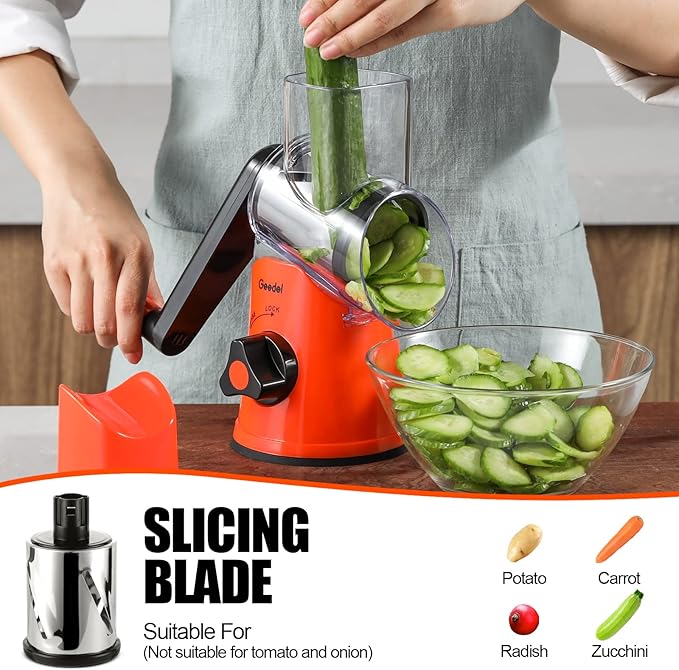 Geedel Rotary Cheese Grater, Kitchen Mandoline Vegetable Slicer with 3 Interchangeable Blades, Easy to Clean Rotary Grater Slicer for Fruit, Vegetables, Nuts - Image 3