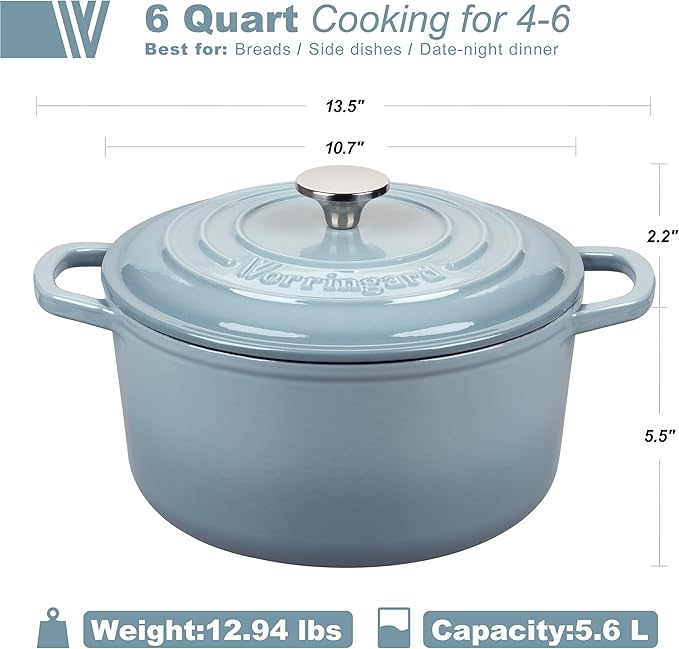 VORRINGARD Enameled Cast Iron Dutch Oven Pot with Lid, for Sourdough Bread Baking, Round Dutch Ovens, 6 Quart, Sea Salt - Image 2