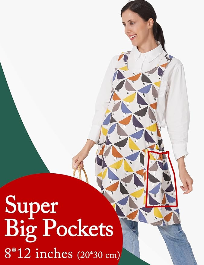 Cozy Adjustable Cross Back Aprons for Women with Pockets Cotton Linen Cooking Kitchen Baking