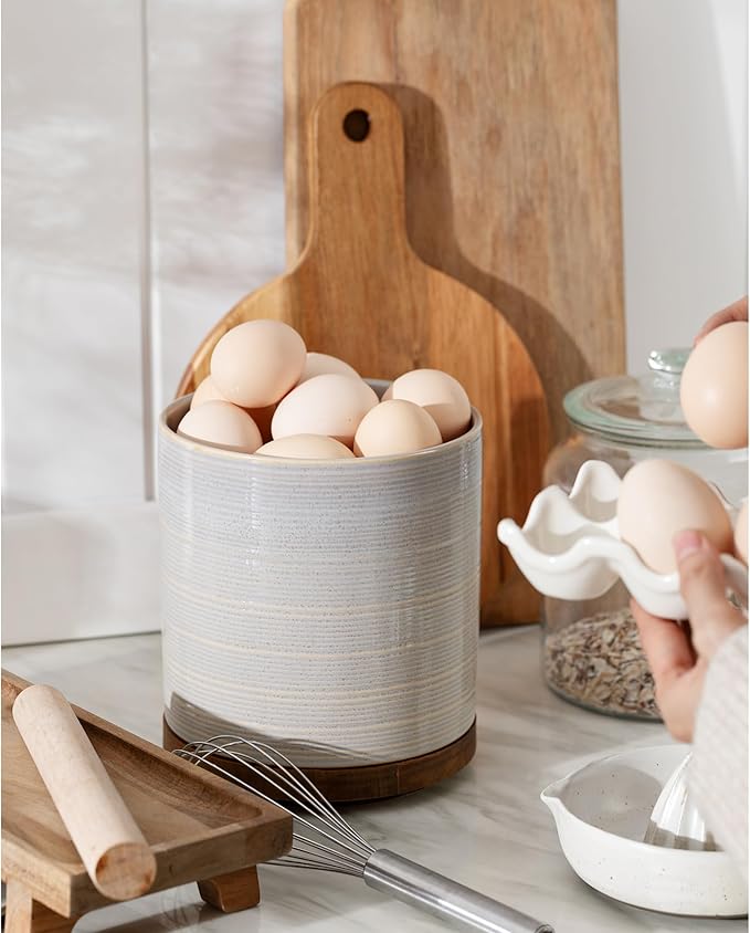 Utensil Holder, 360° Rotating Extra Large Ceramic Kitchen Utensil Holder for Countertop, 7.3“ Cooking Utensil Crocks for Kitchen Counter with Rotatable Wooden Base, Farmhouse Decor, Grey - Image 3