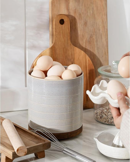 Utensil Holder, 360° Rotating Extra Large Ceramic Kitchen Utensil Holder for Countertop, 7.3“ Cooking Utensil Crocks for Kitchen Counter with Rotatable Wooden Base, Farmhouse Decor, Grey - Image 3
