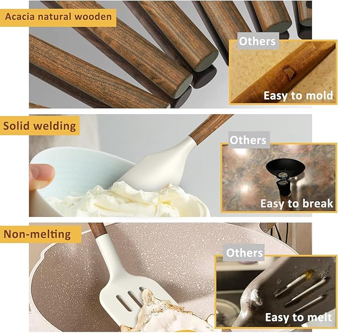 Non-Stick Silicone Kitchen Utensils Set with Natural Acacia Hard Wood Handle, Umite Chef 8 Pieces Kitchen Spatulas set, White, BPA Free, Baking, Serving and Cooking Utensils - Image 7