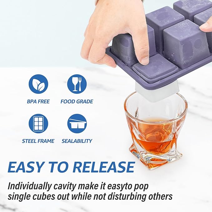 mossime Silicone Ice Cube Tray: 2pack Square Whiskey Large Ice Cube Molds - Old Fashioned Ice Cube Trays with Lid - 2inch Easy Release Big Freezer Mold for Cocktail Food Soup & Juice - Image 4
