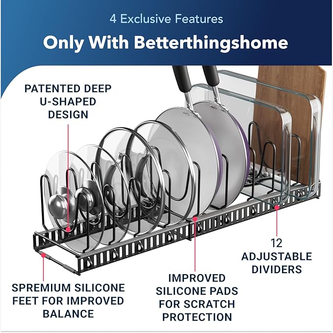Better Things Home 5.5” Wide 12-Slot Adjustable Pot Lid Organizer with Scratch-Free Pads, Expandable Pot Lid Holder Rack for Cabinet, Small to Medium Pots and Pans Organizer Inside Cabinet - Image 2