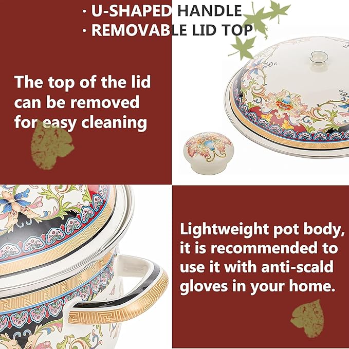 Retro Flower Enamel Stockpot with Lid,Stockpots for Cooking,Vintage Floral Stew Bean Simmer Pot with Handle, Kitchen Soup Pot, Safe for Induction Cookers, Gas Stove(Ivory-2.5QT)