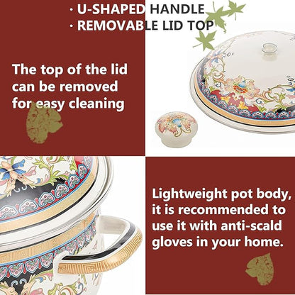 Retro Flower Enamel Stockpot with Lid,Stockpots for Cooking,Vintage Floral Stew Bean Simmer Pot with Handle, Kitchen Soup Pot, Safe for Induction Cookers, Gas Stove(Ivory-2.5QT)