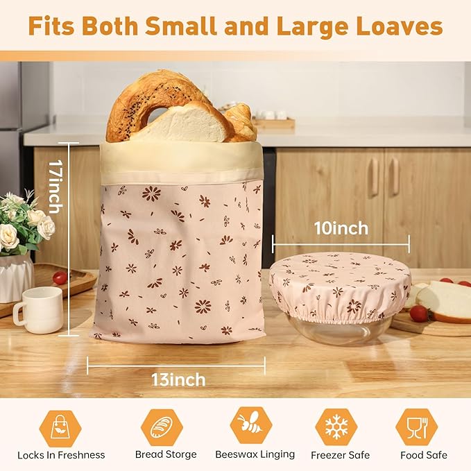 Tirphy 3 Pack Reusable Bread Bags and Bowl Cover Set, Beeswax Bread Bags for Sourdough, Homemade Bread Storage to Keep Loaf Fresh