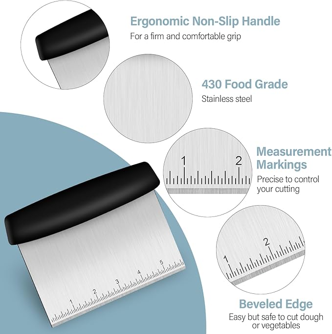 Ecavria Bench Scraper, Premium Stainless Steel Dough Scraper with 2 PCS Flexible Bowl Scraper, Dough Cutter with Measuring Scale, Versatile Kitchen Scraper Set for Pastry Bread Pizza Cake - Image 5
