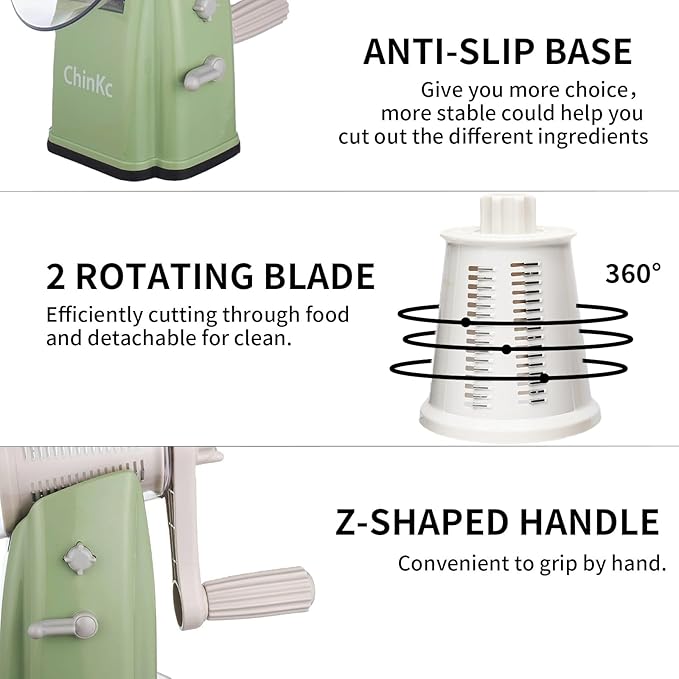 Upgrade Rotary Cheese Grater Shredder with Handle, Strong Suction Base, Multi-purpose Rotary Grater Slicer with 5 Interchangeable Blades for Ice, Vegetables, Fruit, Nuts with Blade Storage Box - Image 6