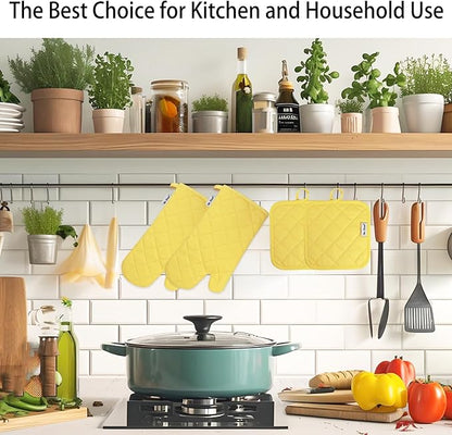 Oven Mitts and Pot Holders Sets,6 Pcs Oven Mitts and Potholders with Recycled Cotton High Heat Resistant Extra Thick Long Oven Mitts for Cooking(Yellow) - Image 6