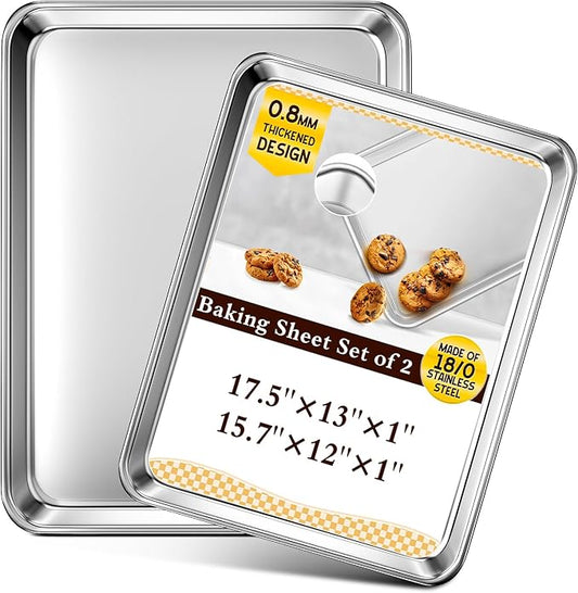 Baking Sheet Set of 2, Commercial Grade Stainless Steel Cookie Sheets for Baking, 17.5''x13'' / 15.7''x12'', Thicker and Firmer Baking Pans Set, Rust & Warp Resistant & Nonstick, Nontoxic & Heavy Duty by Unknown
