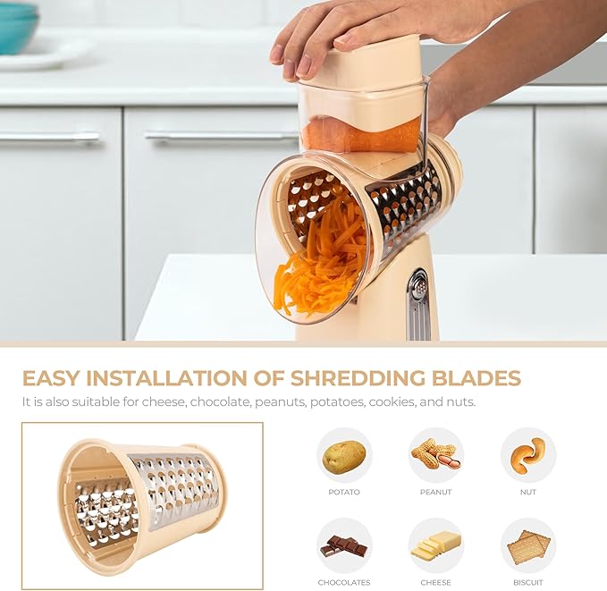 SUSTEAS Rotary Cheese Grater with Handle - Vegetable Shredder with 5 Well-designed Blades & Strong Suction Base,Round Mandoline Slicer & Food Chopper for Kitchen,with Blade Storage Box(Beige) - Image 5