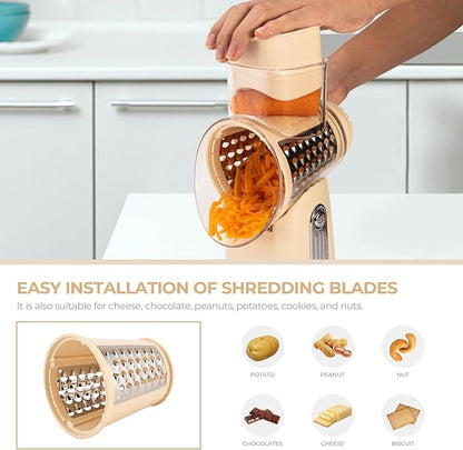 SUSTEAS Rotary Cheese Grater with Handle - Vegetable Shredder with 5 Well-designed Blades & Strong Suction Base,Round Mandoline Slicer & Food Chopper for Kitchen,with Blade Storage Box(Beige) - Image 5