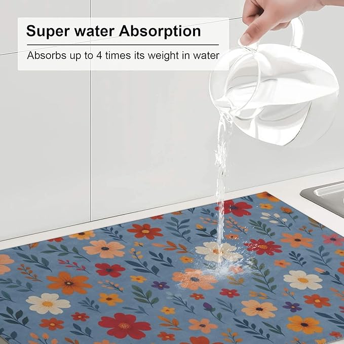 Blue Wildflowers Dish Drying Mats for Kitchen Counter, Large 18"x24" Dish Mats for Drying Dishes, Microfiber Absorbent Dish Drying Pad Rack Mat Kitchen Decor Reusable Washable