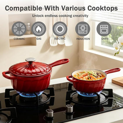 Enameled Cast Iron Sauce Pan, 2 Quart Enameled Saucepan with Lid, Small Cast Iron Pot for All Cooktops Making Pasta Sauce, Gravy, Puddings, Marinate, Boiling (Gradient Red)