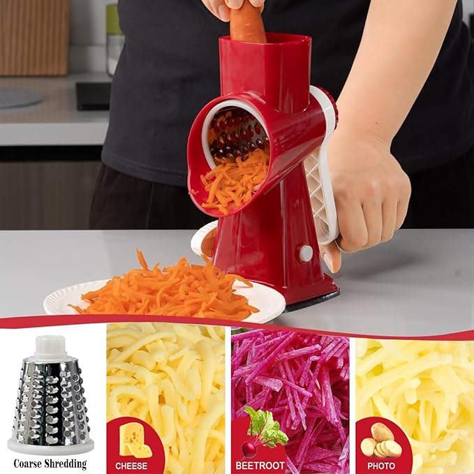 YOUCZON Rotary Cheese Grater Multi-Purpose Stainless Steel Cheese Shredder - Cheese Grater With Handle Effortless Grating of Carrots, Potatoes, Vegetables, and Fruits (Red) - Image 3