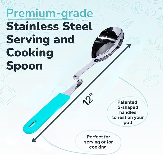 Souper Cubes + Lori Greiner No Mess Stainless Steel Cooking Spoon with Silicone Handle - Stainless Steel Serving Spoon No Mess Design Hooks on Side of Any Pot - Aqua - Image 4