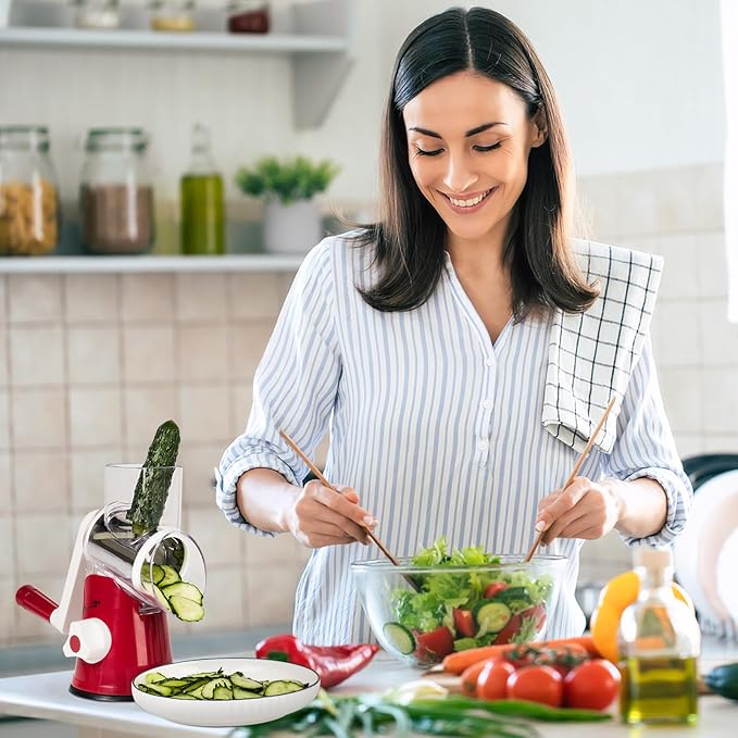 X Home Rotary Cheese Grater for Kitchen, Shredder with 3 Interchangeable Blades, Rotary Grater with Handle and Strong Suction Base, for Vegetables, Fruit, Nuts, Easy to Use and Clean, Red - Image 7