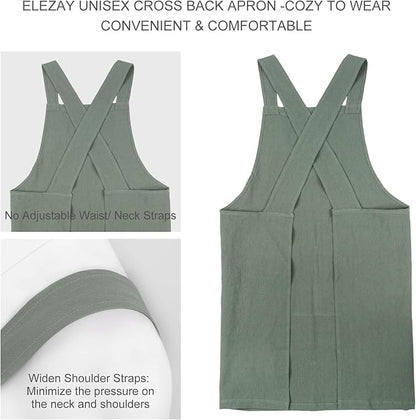 ELEZAY Aprons for Women with Pockets Plus Size Comfort Cross Back No Tie Cotton Linen Apron Pinafore