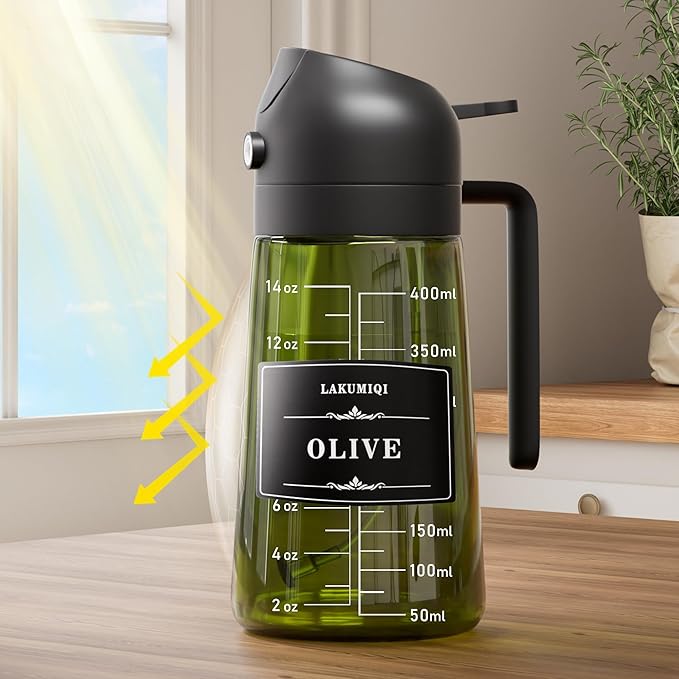 LAKUMIQI 2 in 1 Oil Sprayer for Cooking, 16oz Olive Oil Dispenser Bottle for Kitchen, Food Grade Light-Blocking Glass Spray Bottle for Salad, Air Fryer, BBQ - Image 3