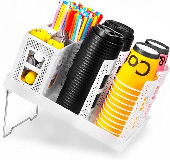 Cup and Lid Holder, Disposable Paper Cup Dispenser with Coffee Pod Straw Storage Basket, 6-Compartment Countertop Coffee Cup Holder for Coffee Stations, Break Rooms, Living Rooms (White)
