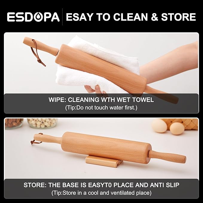 Classic Wood Rolling Pin - Wooden Rolling Pins for Baking Silicone Mat Set, Dough Roller with Wood Base, Fondant Roller for Pie Crust Cookies Pizza Dough and Bread, 17 Inch - Image 5