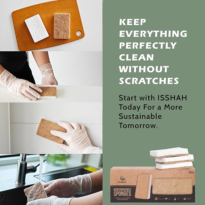 Isshah Plant-Based Kitchen Sponges - FSC Certified and PETA Approved, Natural, Eco-Friendly, Biodegradable Sisal Hemp Sponges for Dishes, Cleaning Sponge for Kitchen, Bathroom, Household - 12 Count - Image 6