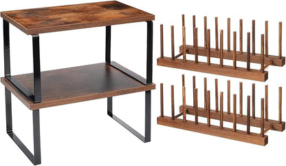 Marsui 4 Pcs Kitchen Organizer Accessories Set Cabinet Organizer Shelf and Bamboo Dish Drying Plate Rack Counter Shelves Storage Holder for Spice Rack, Dish, Pot Lid, Bowl, Cup(Deep Color) by Marsui