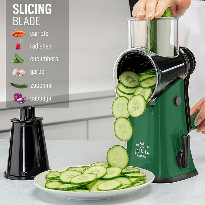 Zulay Kitchen Rotary Cheese Grater 5 Blade Cheese Shredder - Manual Hand Crank Cheese Grater With Reinforced Suction & 5 Interchangeable Drums - Easy to Use, Vegetable Chopper Round Mandoline Slicer - Image 5