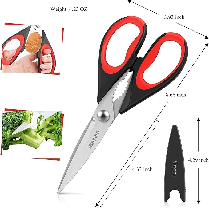 iBayam 3-Pack 8.5"Kitchen Scissors All Purpose Heavy Duty with Protective Sheath, Soft Grip Comfort Handle, Dishwasher Safe Kitchen Utensils Gadgets Set, Stainless Cooking Meat Poultry Food Shears - Image 2