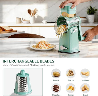 The CoveCarol rotary cheese grater comes with 5 blades and 3 tools: a round mandolin slicer and a food shredder. Suitable for fruits, vegetables, nuts, etc., it includes a blade storage box. (Green)