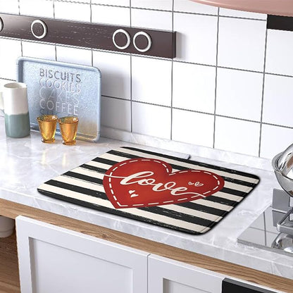 Valentine's Day Dish Drying Mat for Kitchen Counter 16x18 Black White Stripes Red Love Heart Dishes Drainer Mats Absorbent Dish Pad Large Dish Draining Mat for Coffee Bar - Image 5