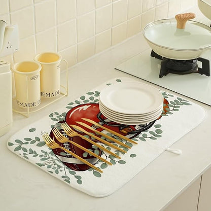 Fall Football Dish Drying Mat 18 x 24 inch Orange Pumpkins Eucalyptus Leaves Decorative Drying Mats Microfiber Absorbent Autumn Thanksgiving Dish Washable Draining Mat for Kitchen Counter