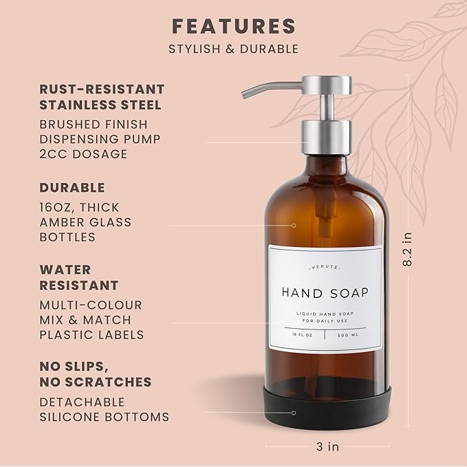 Hand and Dish Soap Dispenser for Kitchen and Bathroom, Set of 2 16 Oz Glass Bottles, Stainless Steel Pumps, Non-Slip Silicone Base, 27 Waterproof Labels (Amber Bottle/Brushed Silver Pump) - Image 6