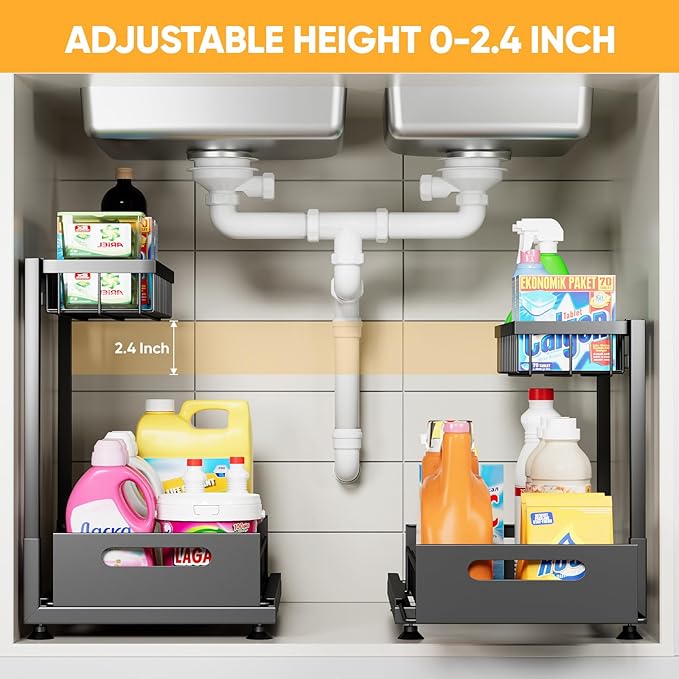 Saydear Under Sink Organizer Storage 2-Tier Premium Metal Pull-Out Kitchen Cabinet Organizer with Sliding Drawer, Height Adjustable, Heavy Duty for Kitchen & Bathroom Organizers 2 Pack Black - Image 2