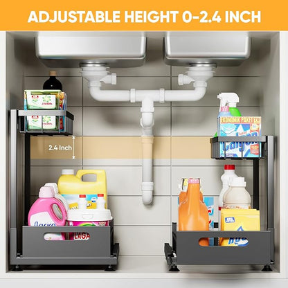 Saydear Under Sink Organizer Storage 2-Tier Premium Metal Pull-Out Kitchen Cabinet Organizer with Sliding Drawer, Height Adjustable, Heavy Duty for Kitchen & Bathroom Organizers 1 Pack Black - Image 2