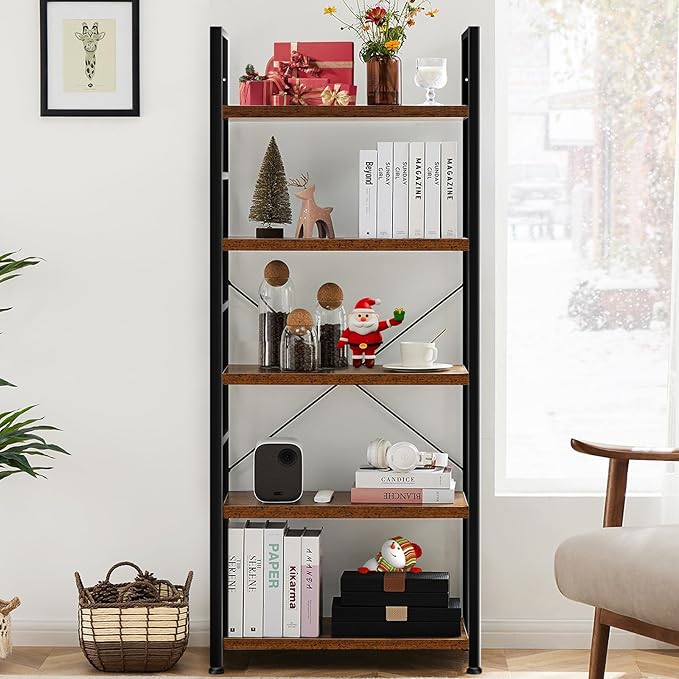 DUMOS 5 Tiers Bookshelf, Classical Book Shelf, Tall Display Shelves in Living Room/Home/Office, Storage Organizer for CDs/Books/Movies, Modern Black - Image 2