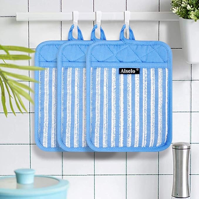 Alselo Silicone Pot Holders Set of 3 Heat Resistant & Non Slip Potholders, Professional Oven Hot Pads with Pockets Mitts for Kitchen Cooking Baking Barbecue (3, Blue) - Image 7