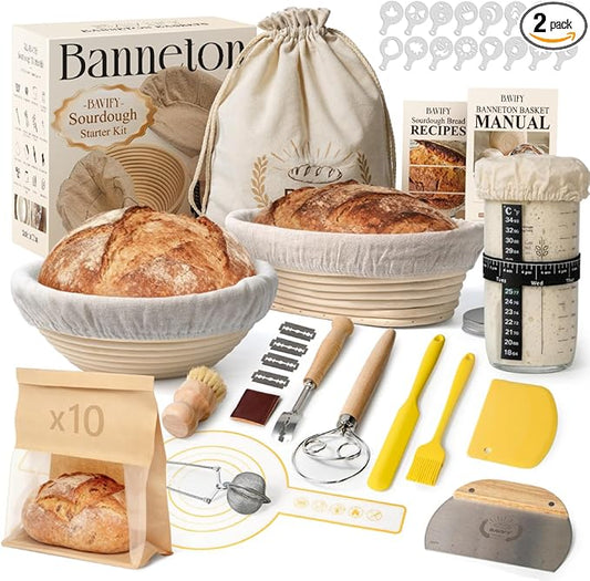 Sourdough Starter Kit, Banneton Bread Proofing Baskets Set, Sourdough Bread Baking Supplies Making Tools with Dough Scraper, Whisk, Bread Lame, Recipe by BavifyBaking
