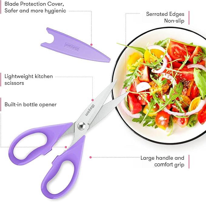 iBayam Kitchen Scissors, Purple Kitchen Utensils Accessories, All Purpose Heavy Duty Meat Scissors, Poultry Shears, Dishwasher Safe, Stainless Steel, 2-Pack, Pastel Pink, Soft Purple - Image 2