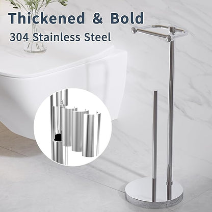 RARXTR Toilet Paper Holder Stand, Post Pivoting Design Free Standing Toilet Paper Holder with Storage for 4 Rolls, SUS304 Stainless Steel Tissue Holder with Reserve, Heavy-Duty Base (Chrome)