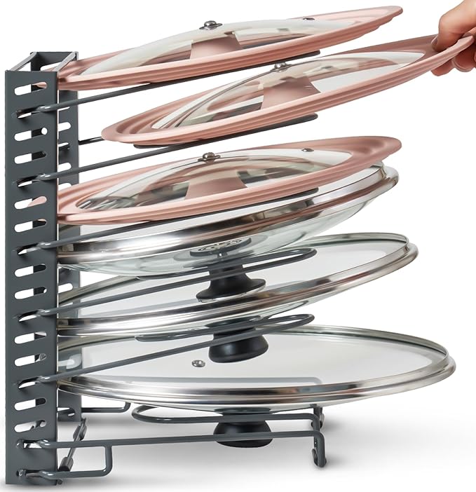 Free-Standing Adjustable Pot Lid Organizer for Cabinet - Kitchen Storage Rack 6 Adjustable Shelves, Pot Lid Holder, Pan and Pot Rack Organizer, Pantry & Inside Cabinet Organizer (13” Clearance) by BetterThingsHome